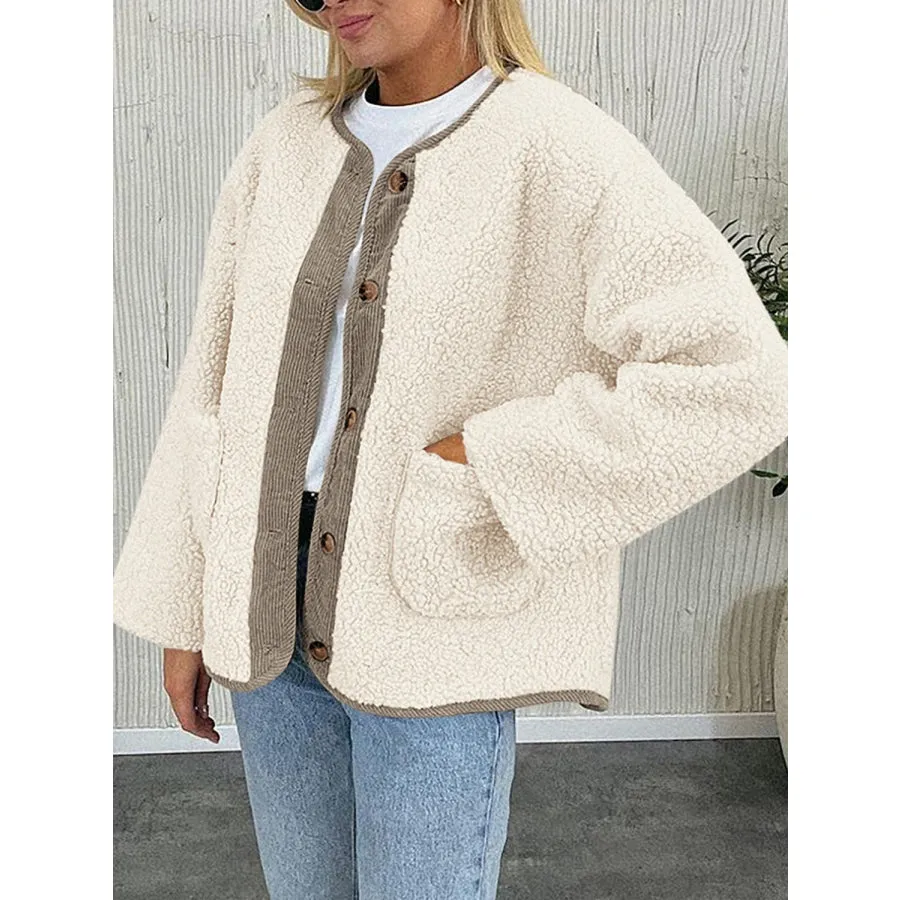 Contrast Button Up Sherpa Jacket with Pockets