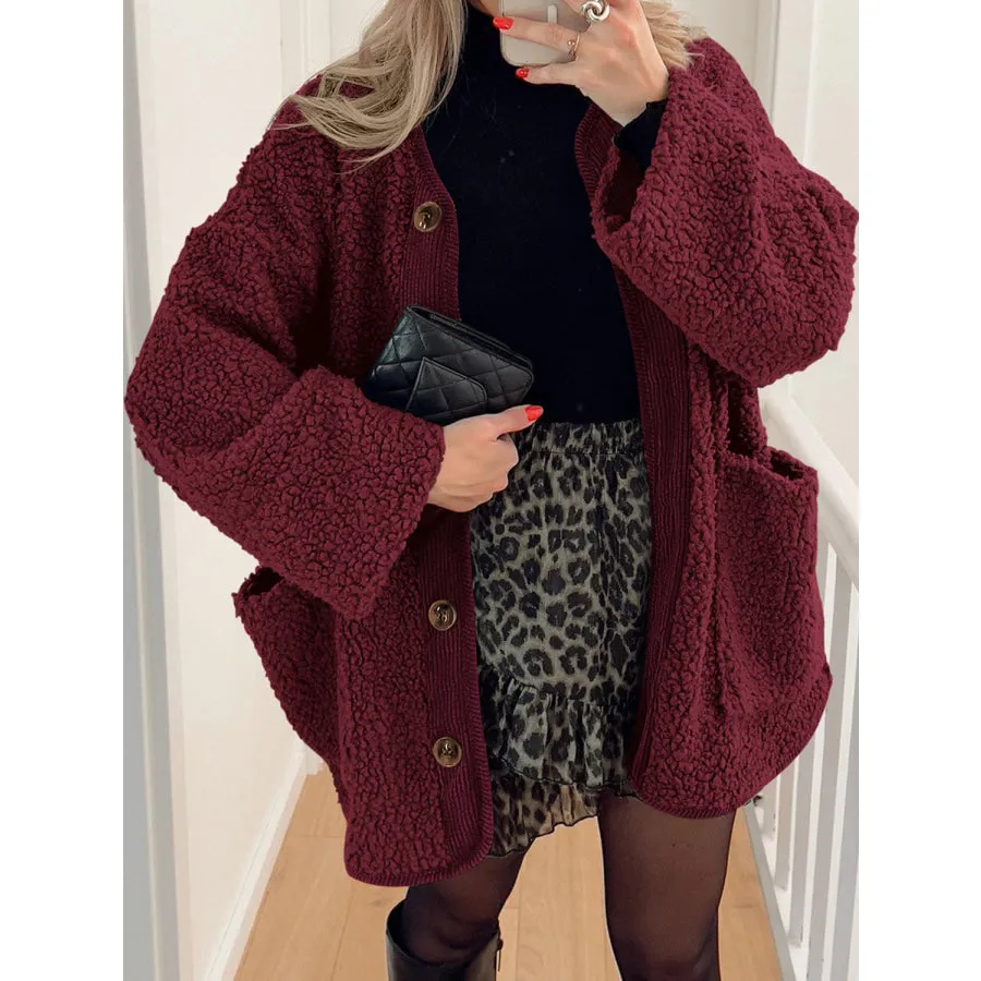 Contrast Button Up Sherpa Jacket with Pockets