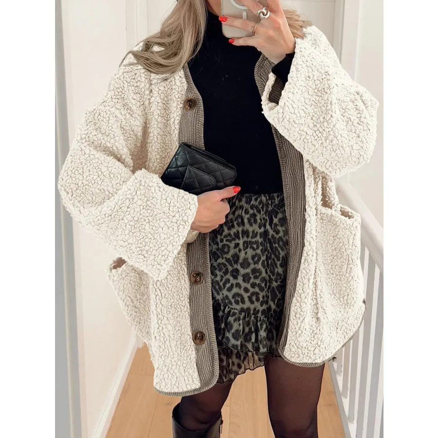 Contrast Button Up Sherpa Jacket with Pockets
