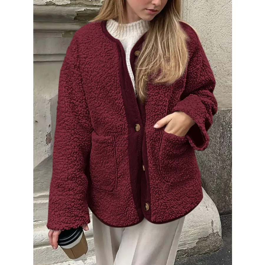 Contrast Button Up Sherpa Jacket with Pockets