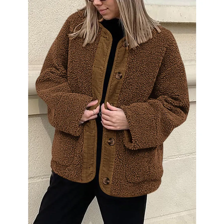 Contrast Button Up Sherpa Jacket with Pockets
