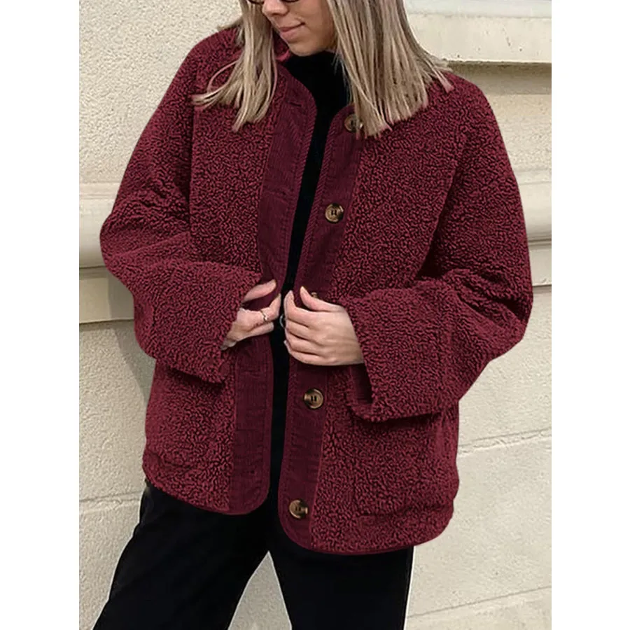 Contrast Button Up Sherpa Jacket with Pockets