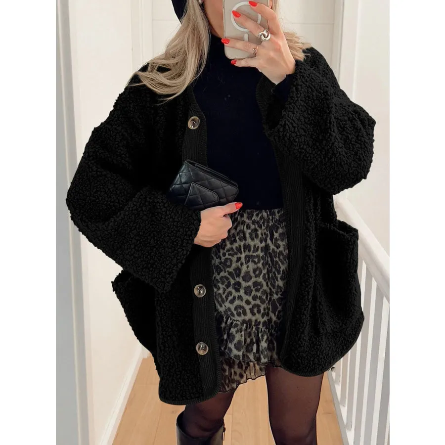 Contrast Button Up Sherpa Jacket with Pockets