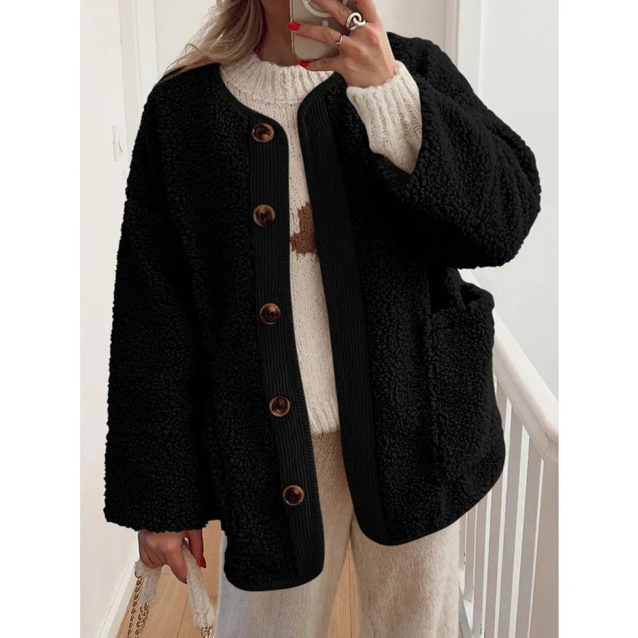 Contrast Button Up Sherpa Jacket with Pockets