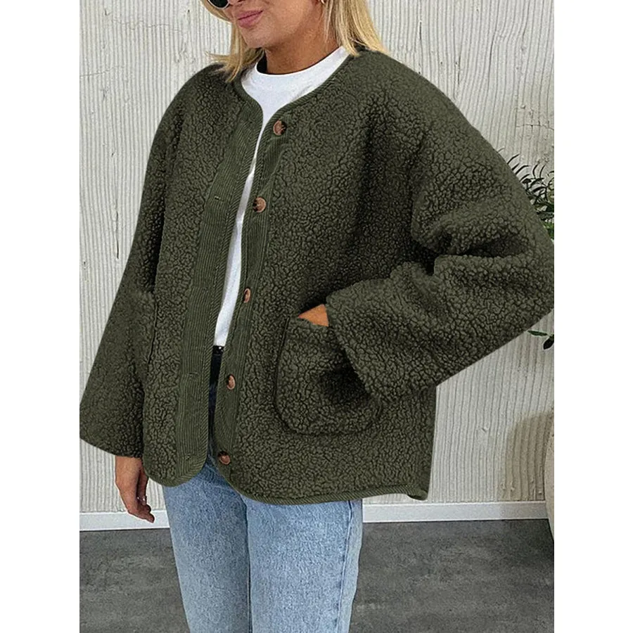 Contrast Button Up Sherpa Jacket with Pockets