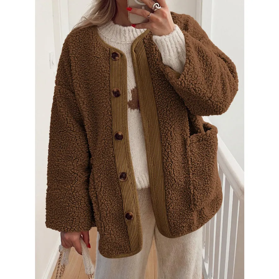 Contrast Button Up Sherpa Jacket with Pockets