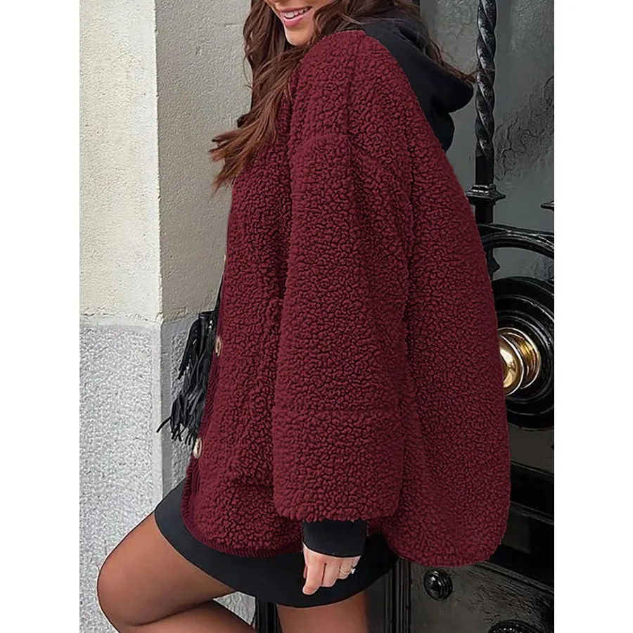 Contrast Button Up Sherpa Jacket with Pockets