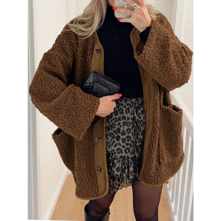 Contrast Button Up Sherpa Jacket with Pockets