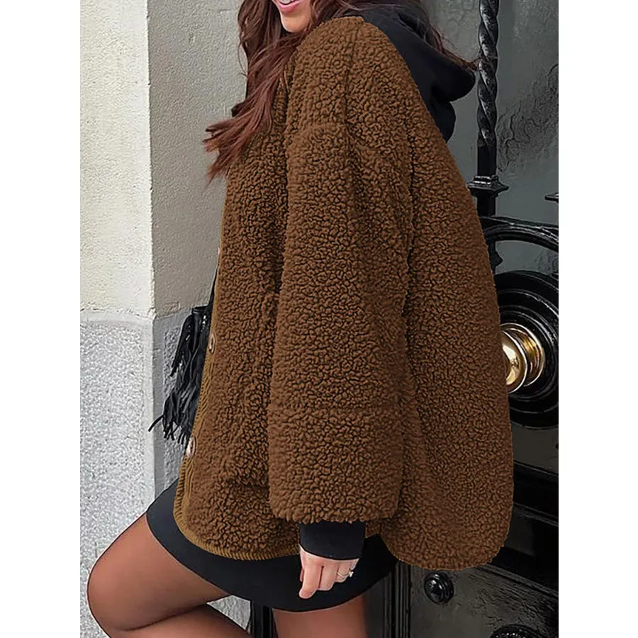 Contrast Button Up Sherpa Jacket with Pockets