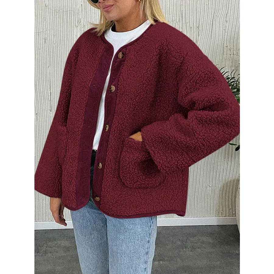 Contrast Button Up Sherpa Jacket with Pockets