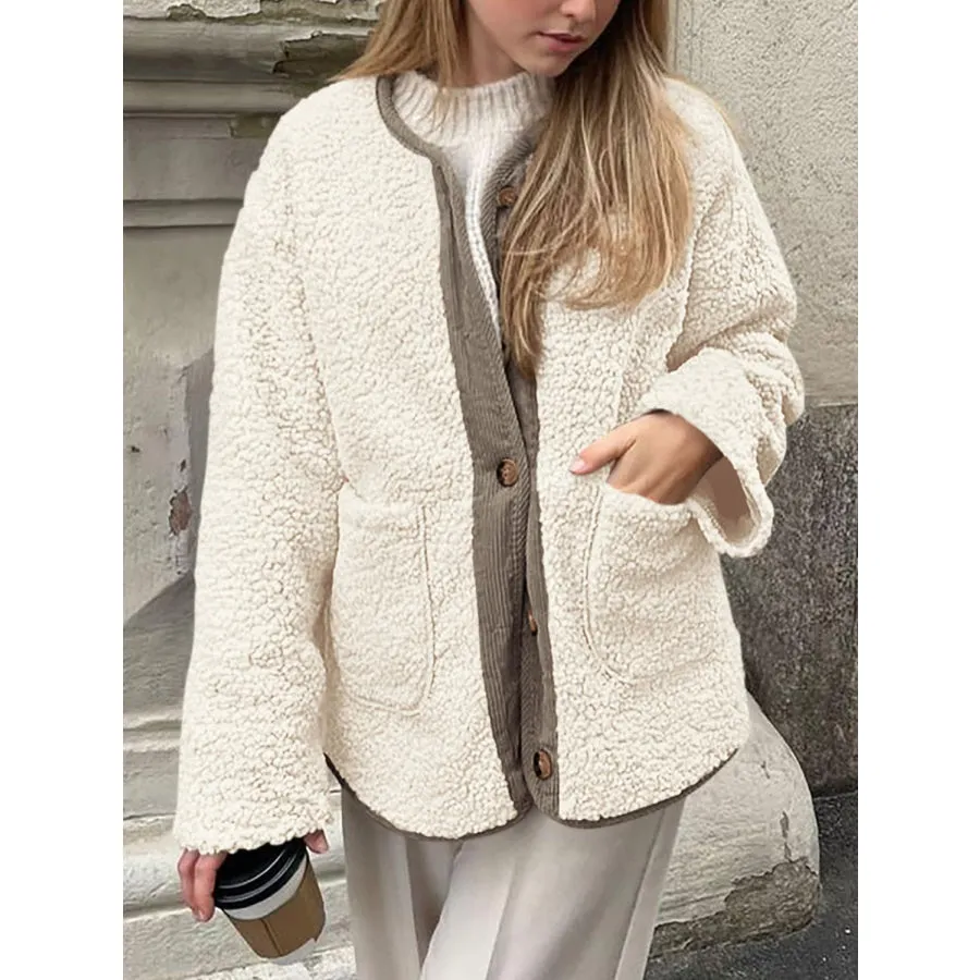 Contrast Button Up Sherpa Jacket with Pockets