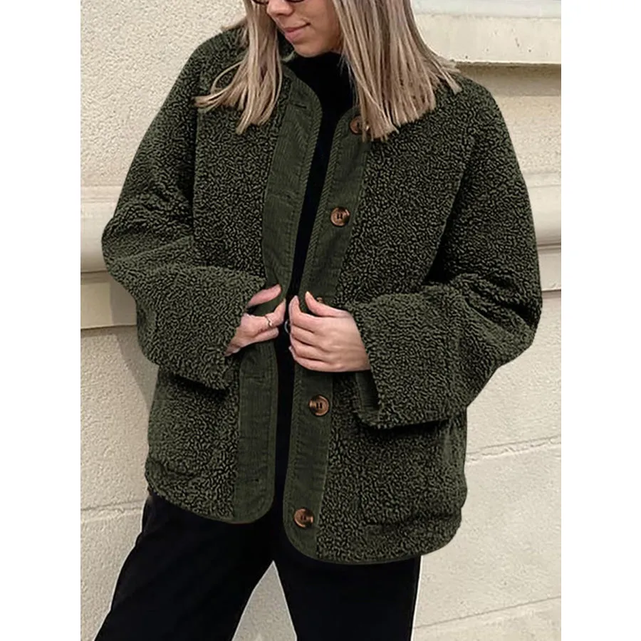Contrast Button Up Sherpa Jacket with Pockets