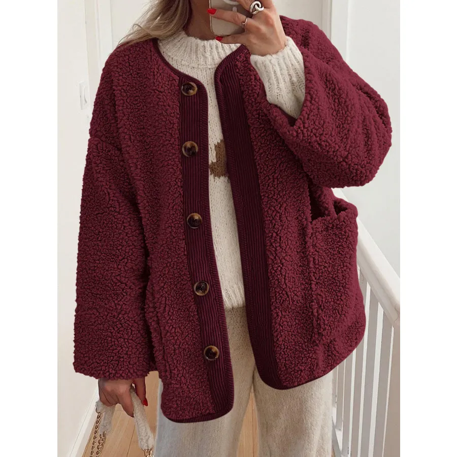 Contrast Button Up Sherpa Jacket with Pockets