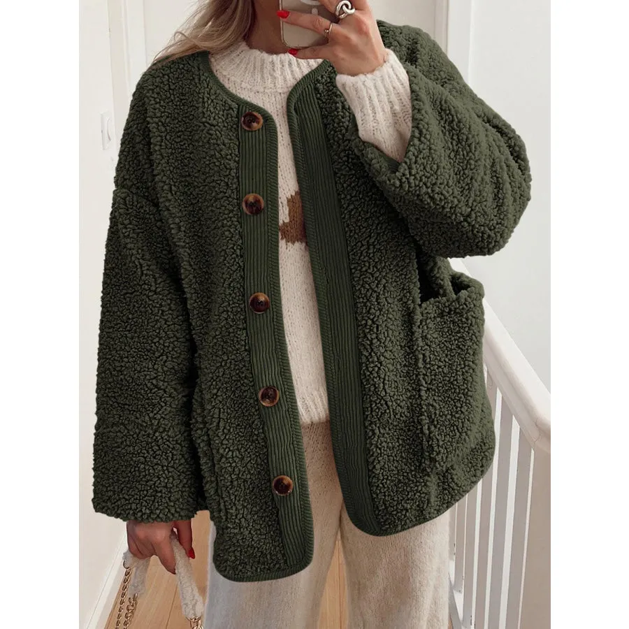 Contrast Button Up Sherpa Jacket with Pockets