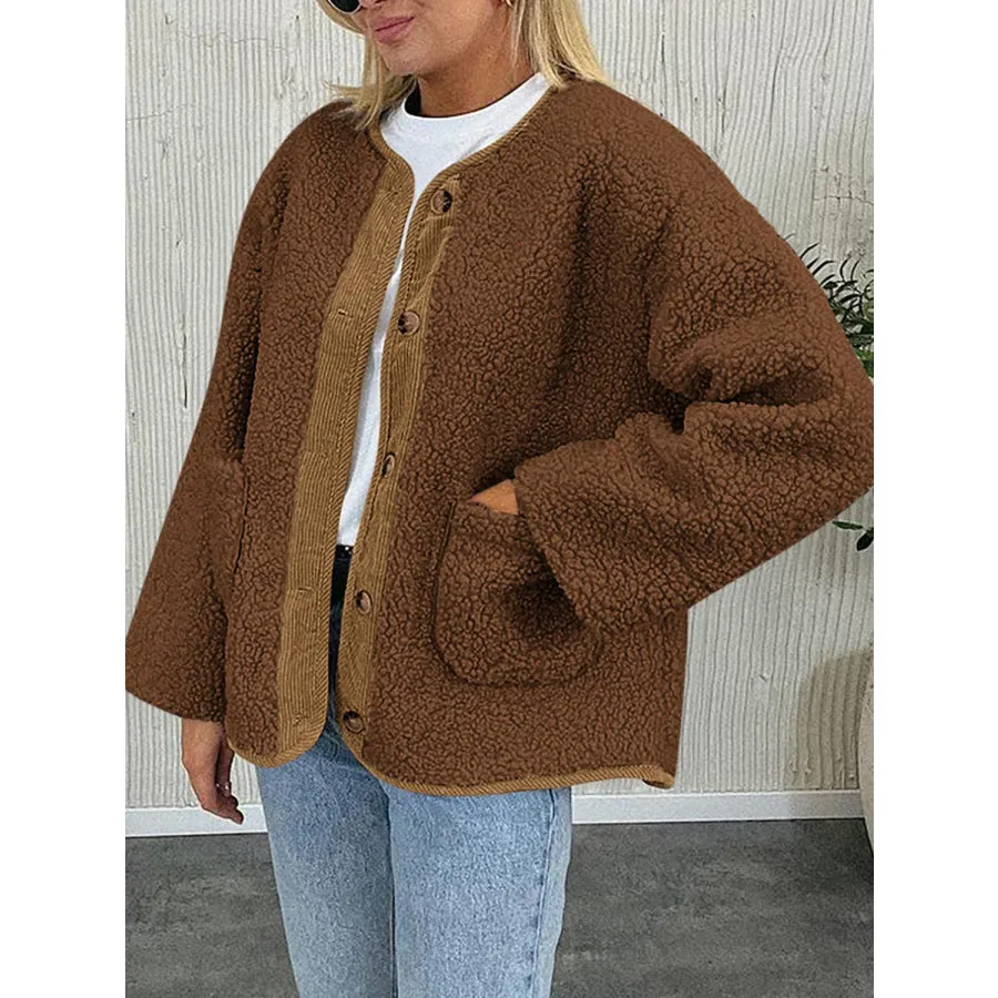 Contrast Button Up Sherpa Jacket with Pockets