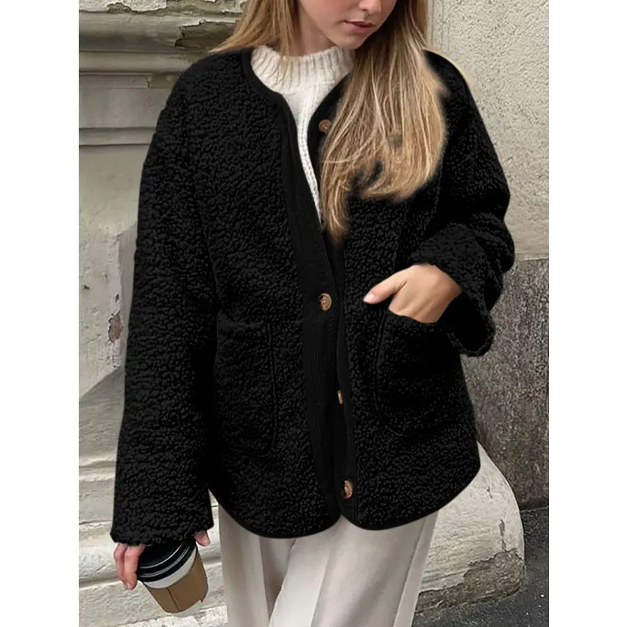 Contrast Button Up Sherpa Jacket with Pockets