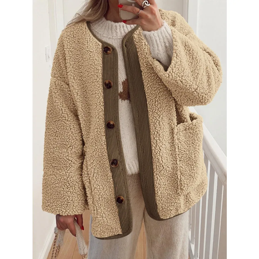 Contrast Button Up Sherpa Jacket with Pockets