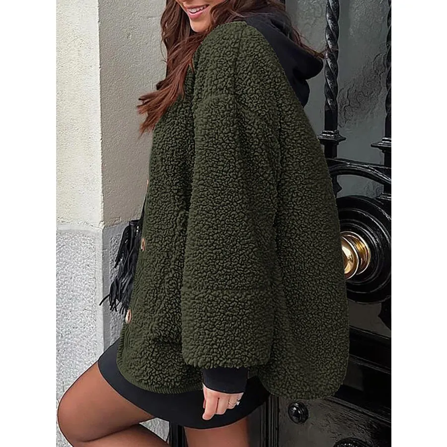 Contrast Button Up Sherpa Jacket with Pockets