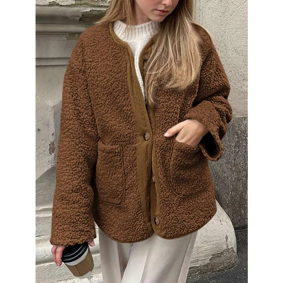 Contrast Button Up Sherpa Jacket with Pockets