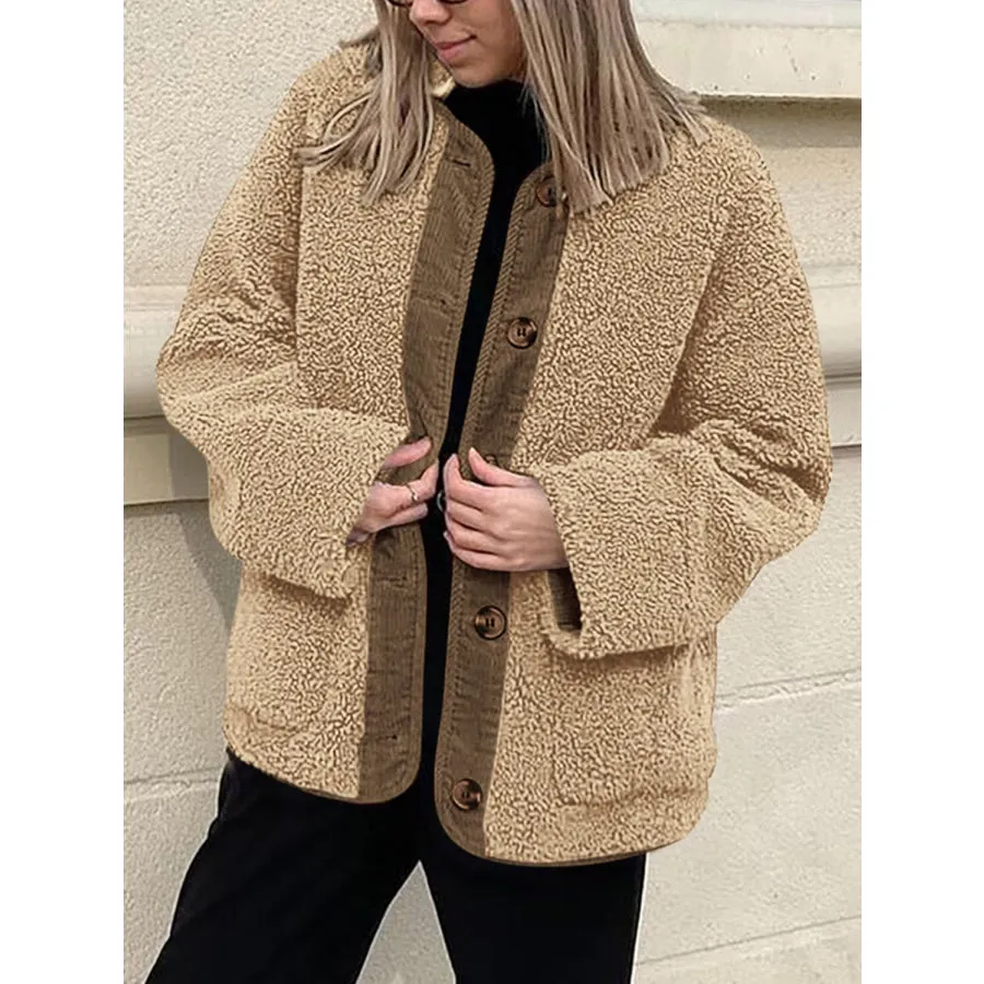 Contrast Button Up Sherpa Jacket with Pockets