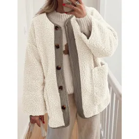 Contrast Button Up Sherpa Jacket with Pockets