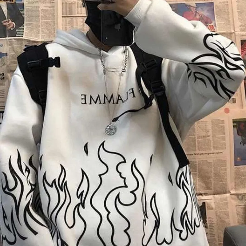 Joskaa Christmas Gift Gothic Flame Printed Hoodies Women Man Korean Style Oversized Harajuku Sweatshirt Female Autumn Long Sleeve Pullovers Tops 2024
