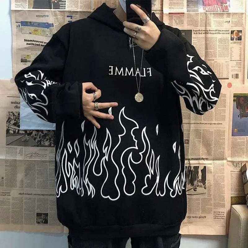 Joskaa Christmas Gift Gothic Flame Printed Hoodies Women Man Korean Style Oversized Harajuku Sweatshirt Female Autumn Long Sleeve Pullovers Tops 2024