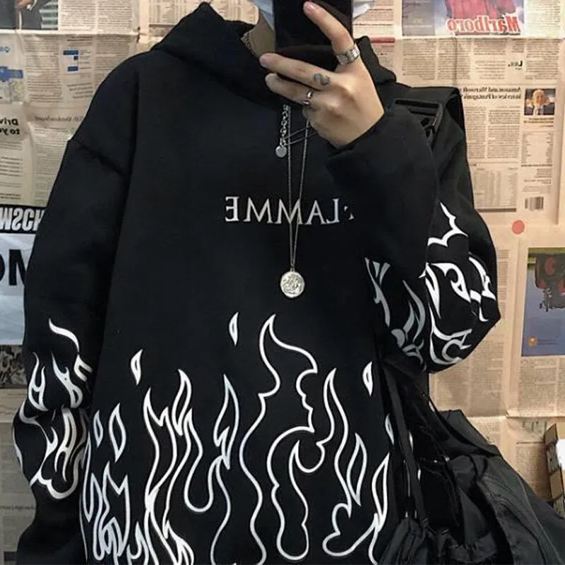 Joskaa Christmas Gift Gothic Flame Printed Hoodies Women Man Korean Style Oversized Harajuku Sweatshirt Female Autumn Long Sleeve Pullovers Tops 2024
