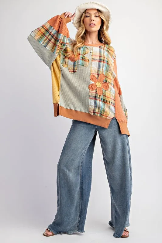 Plaid Daisy Patch Knit Top