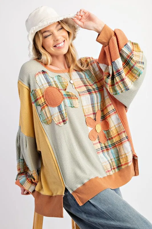 Plaid Daisy Patch Knit Top